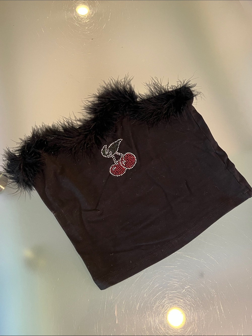 Amazon Black Faux-Fur Trim Crop Tube Top with Red Rhinestone Cherry